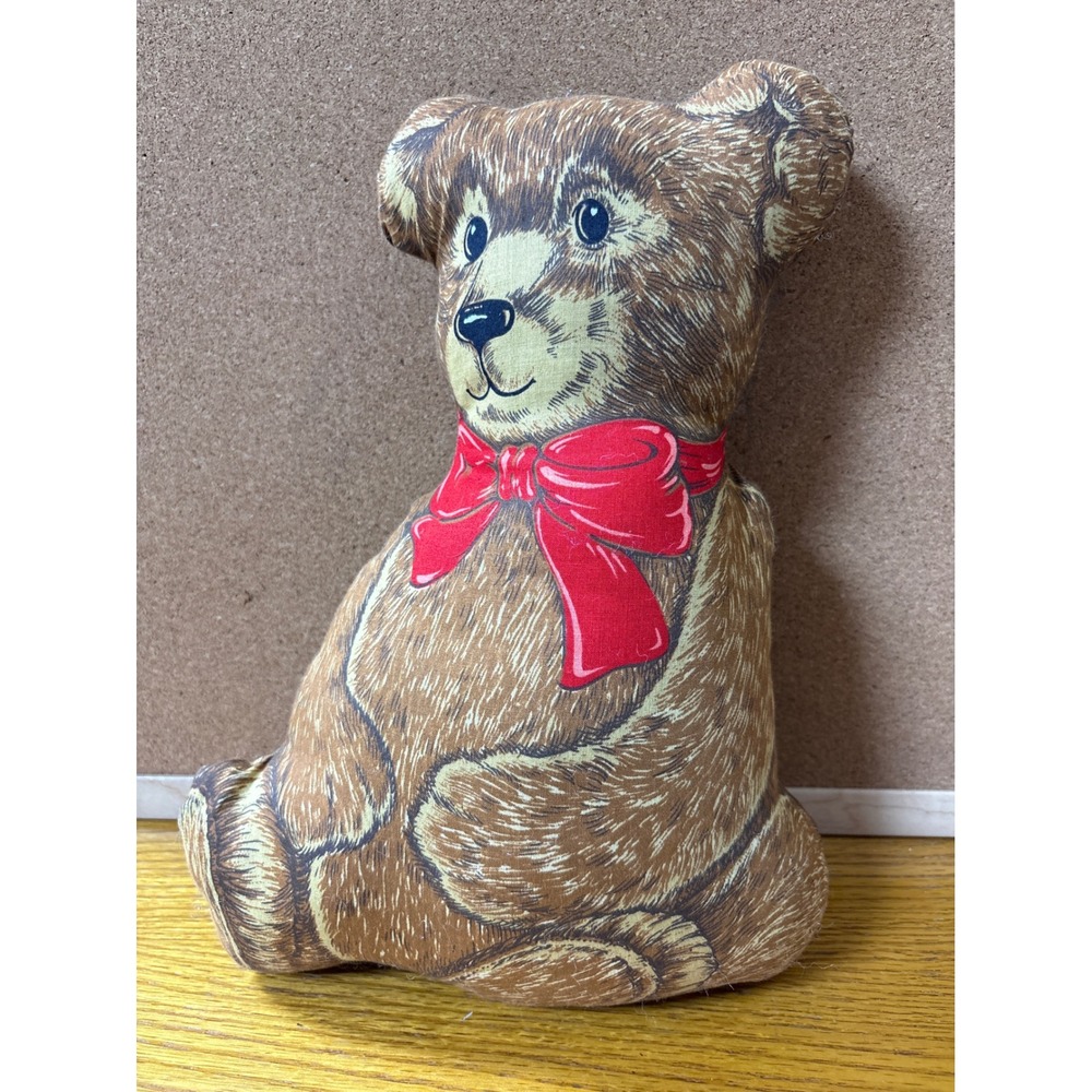 Vintage Fabric Teddy Bear Pillow Brown Printed Cotton Plush Red Bow Decor - Picture 1 of 6